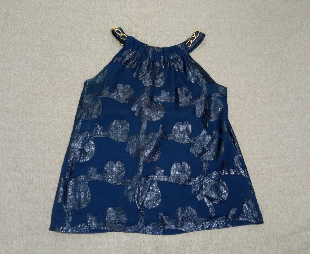 Jade Melody Women's Blouse Top Blue Metallic Floral Pattern Gold Chain Straps S